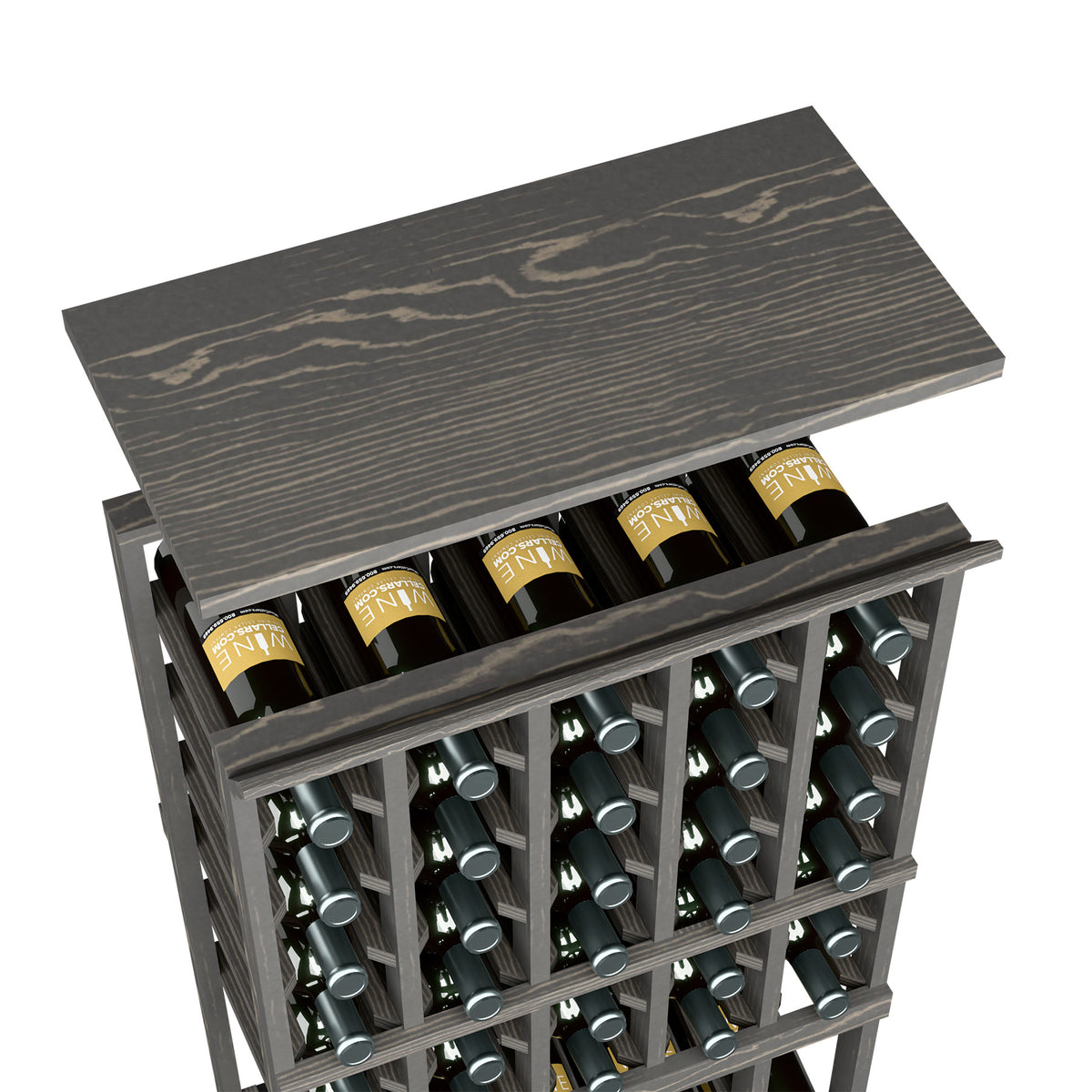 Wine bottle rack with solid top shelf, dark grey wood, 5x column bottle holders