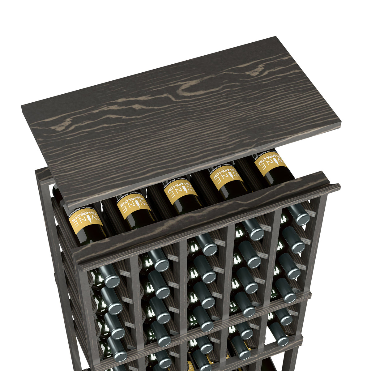 Wine bottle rack with solid top shelf, dark grey wood, front-facing with bottle slots