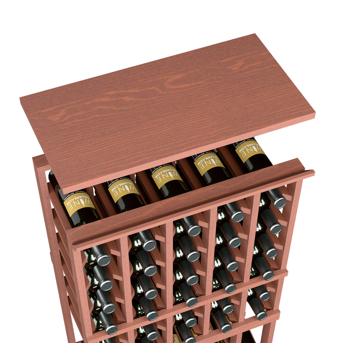 Wine bottle rack with solid top shelf, warm reddish wood, bottle rows with held bottles