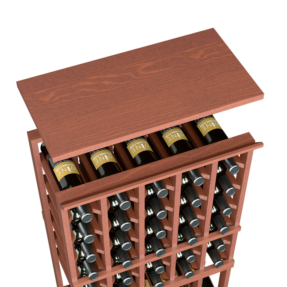 Wine bottle rack with solid top shelf, warm reddish wood, angled view of bottle grid