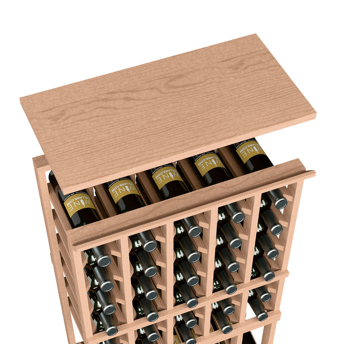 Wine bottle rack with solid top shelf, light tan wood, bottle holders in front grid
