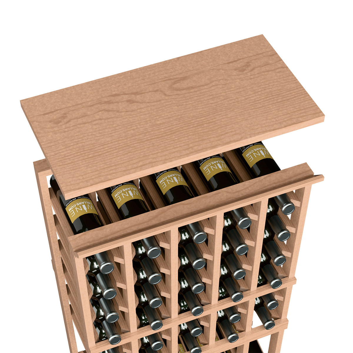 Wine bottle rack with solid top shelf, light tan wood, multiple bottle rows in rack