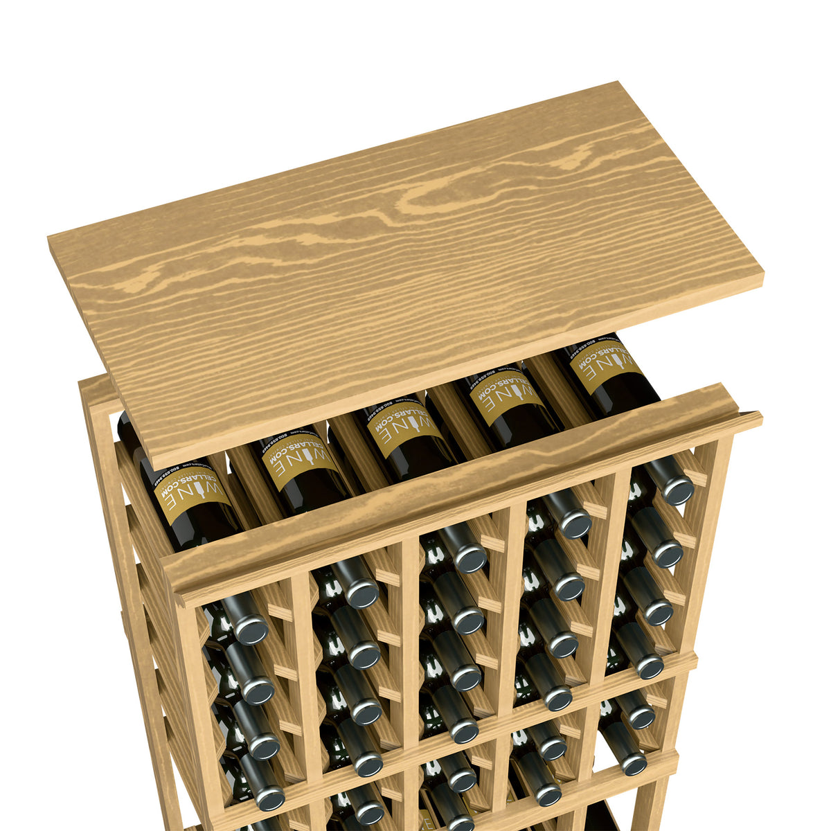 Wine bottle rack with solid top shelf, light golden wood, front view of bottle slots