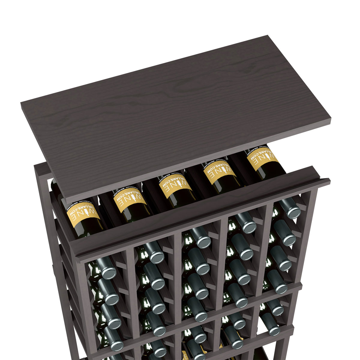 Wine bottle rack with solid top shelf, dark brown wood, bottle holders in 5-column rack