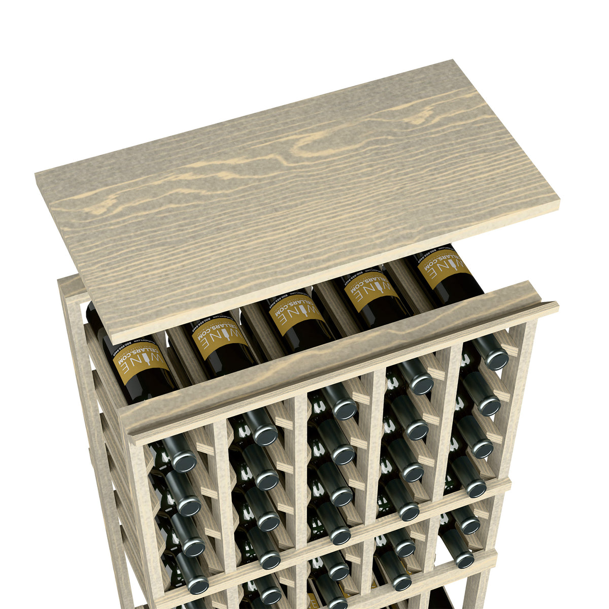 Wine bottle rack with gray wood top shelf and front grid holding bottles