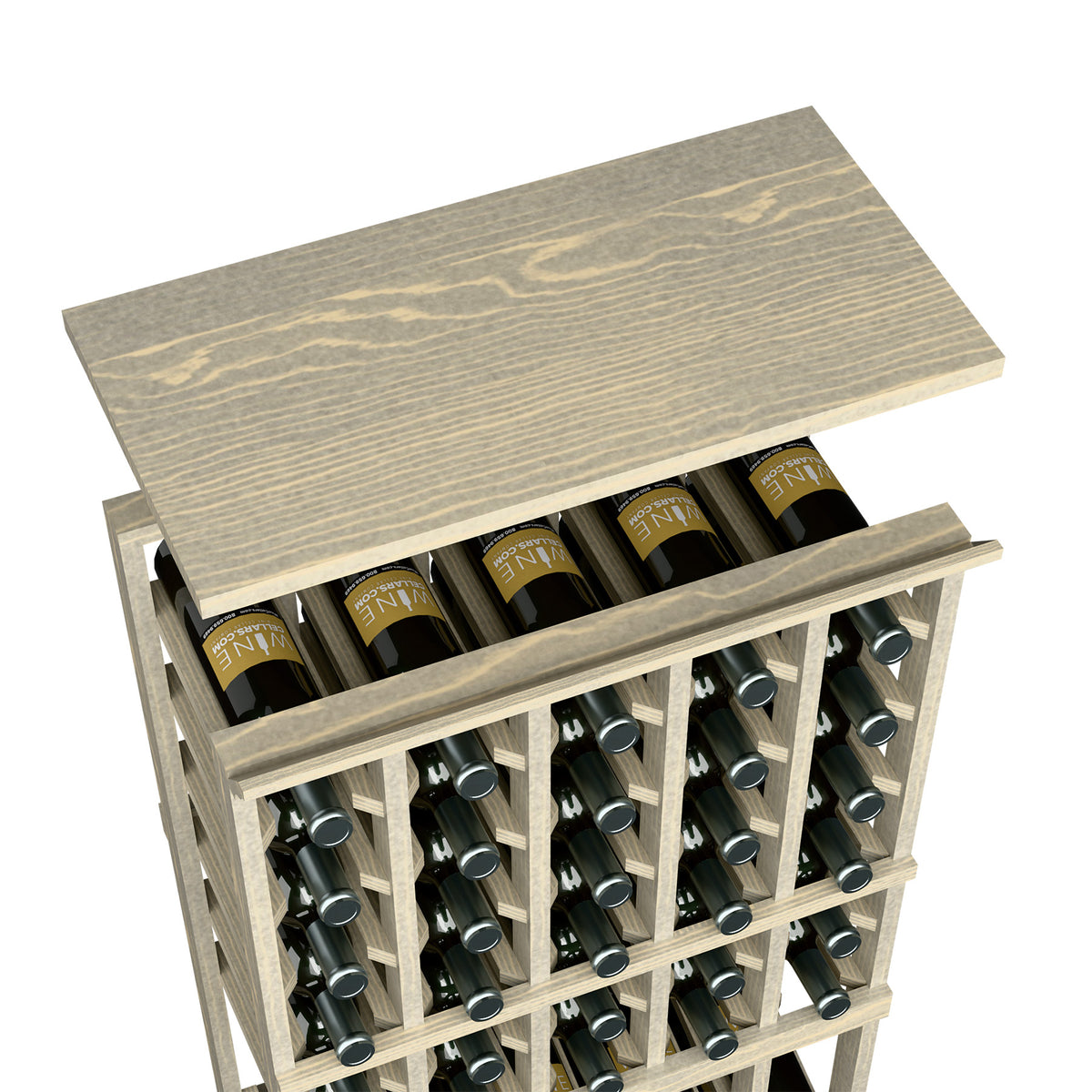 Wine bottle rack with light gray wood top shelf and front grid holding bottles