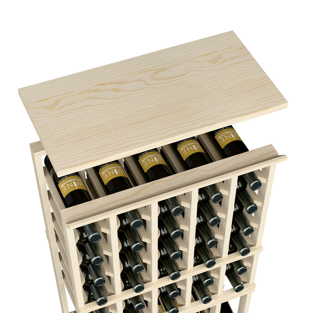Wine bottle rack with pale wood top shelf and front grid holding bottles