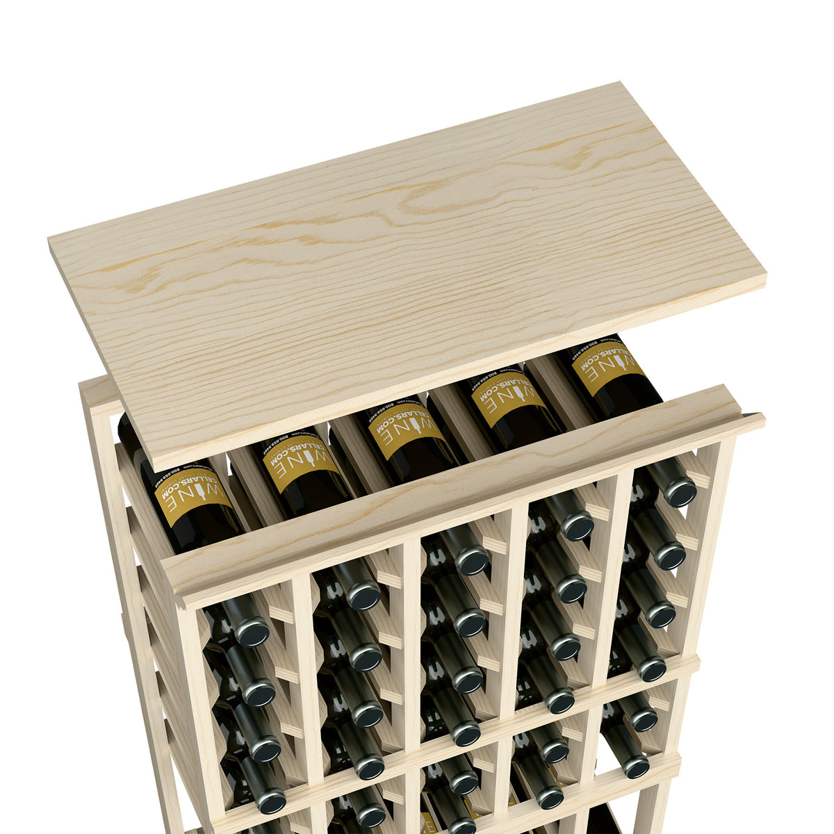 Wine bottle rack with light wood top shelf and front grid holding bottles