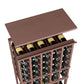 Wine bottle rack with dark brown wood top shelf and front grid holding bottles