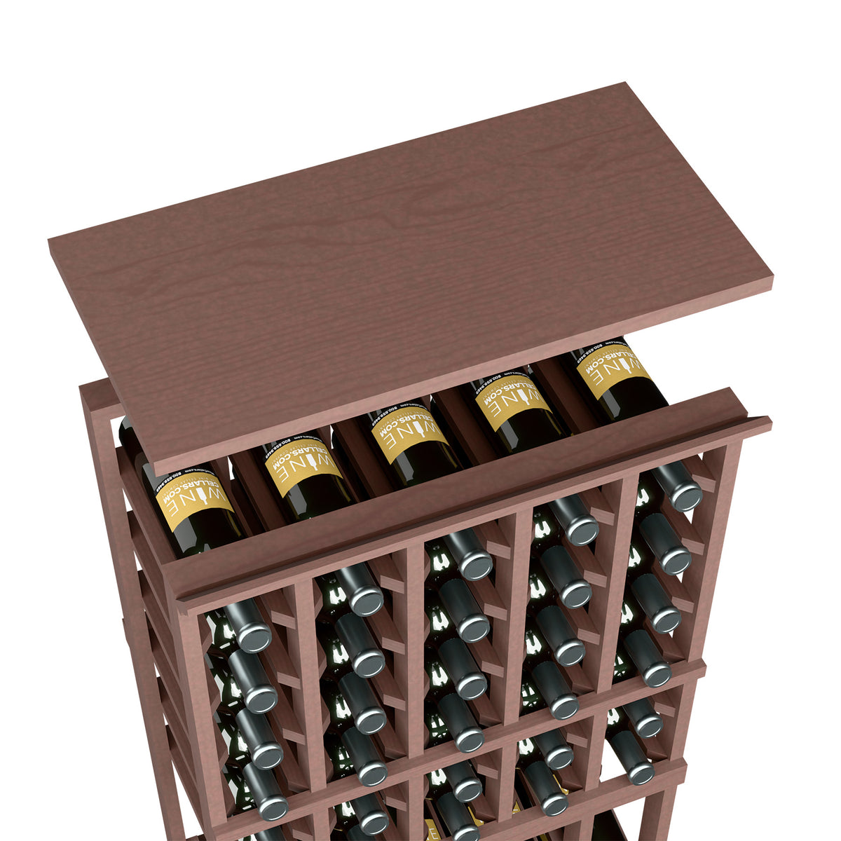 Wine bottle rack with dark brown wood top shelf and front grid holding bottles