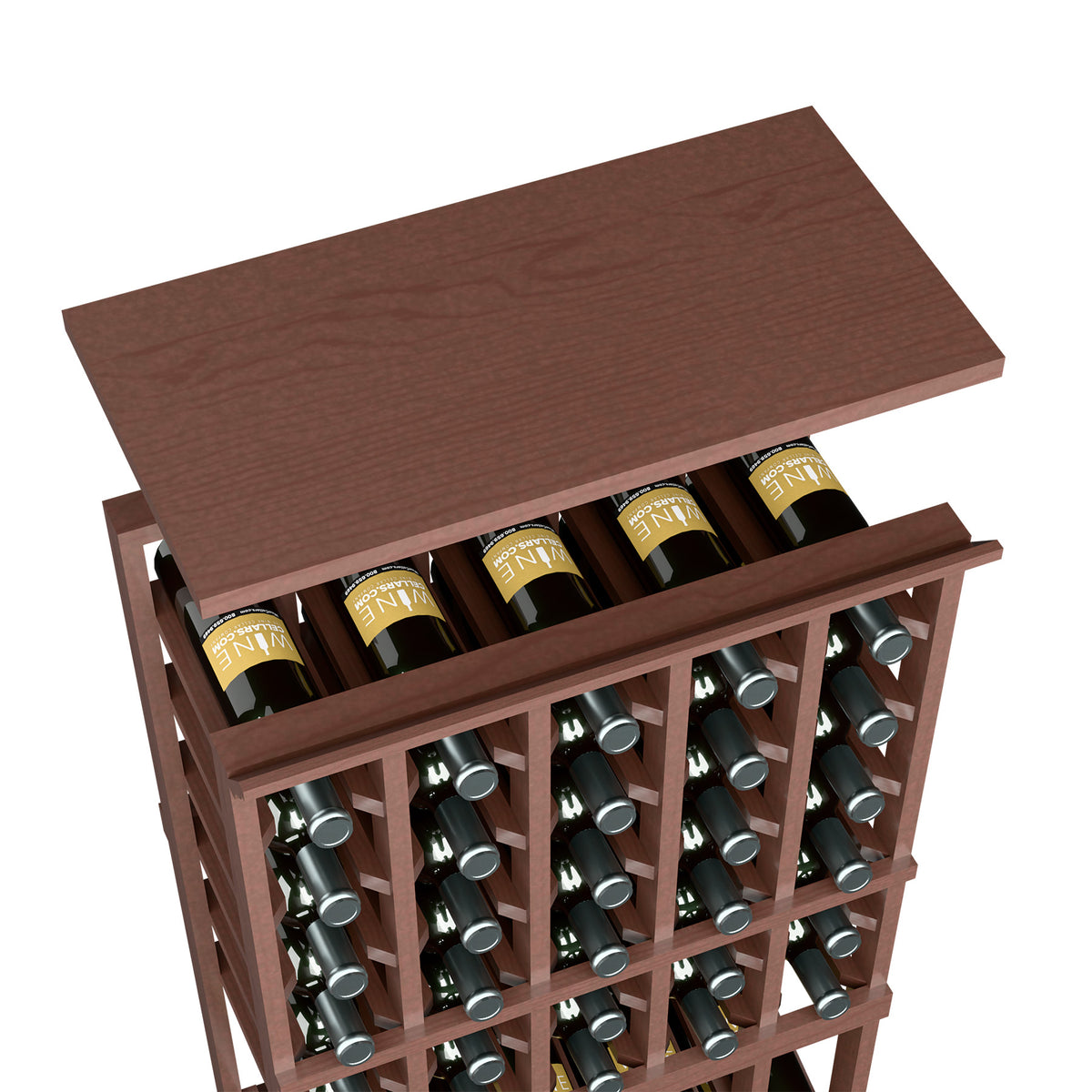 Wine bottle rack with rich brown wood top shelf and front grid holding bottles