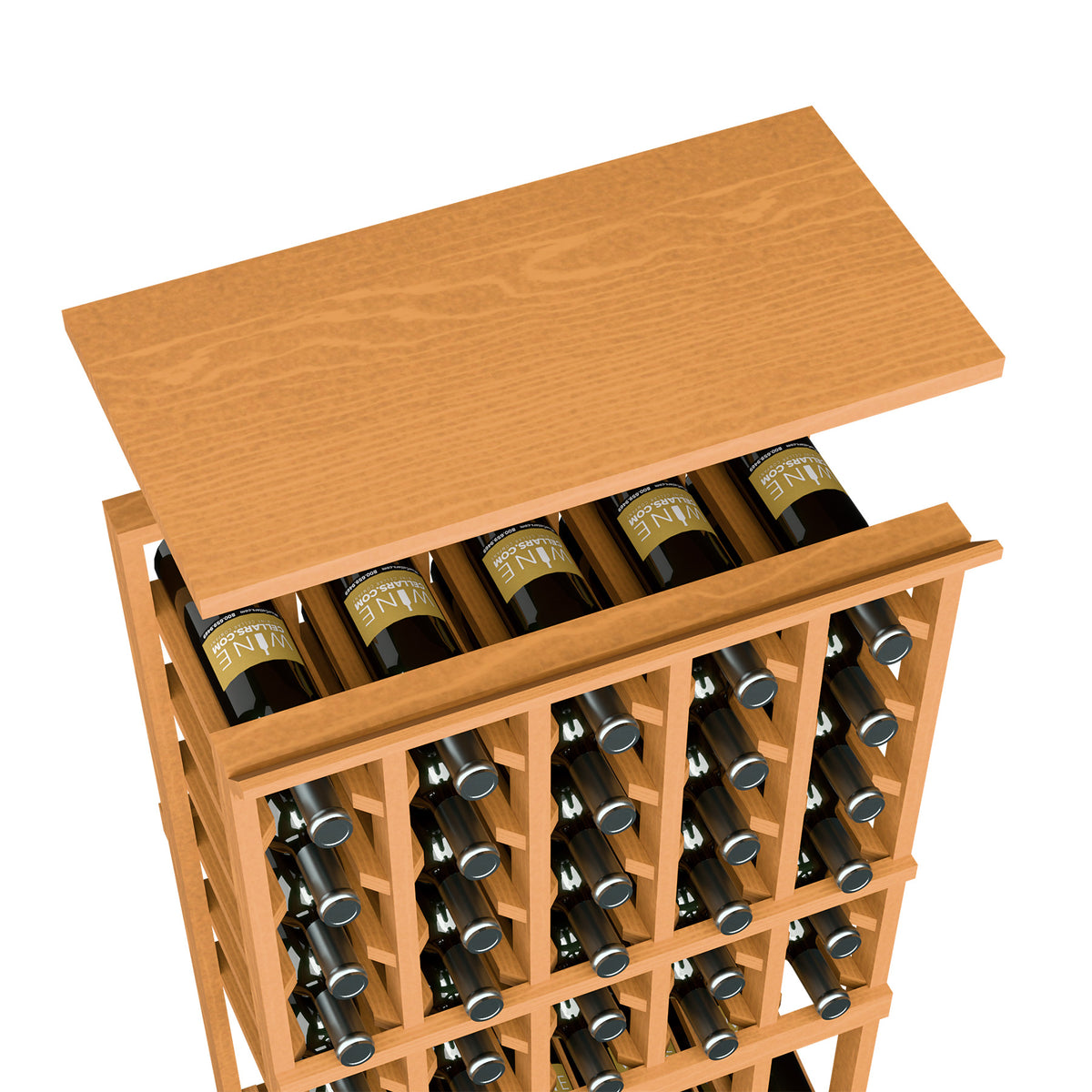 Wine bottle rack with warm wood top shelf and front grid holding bottles