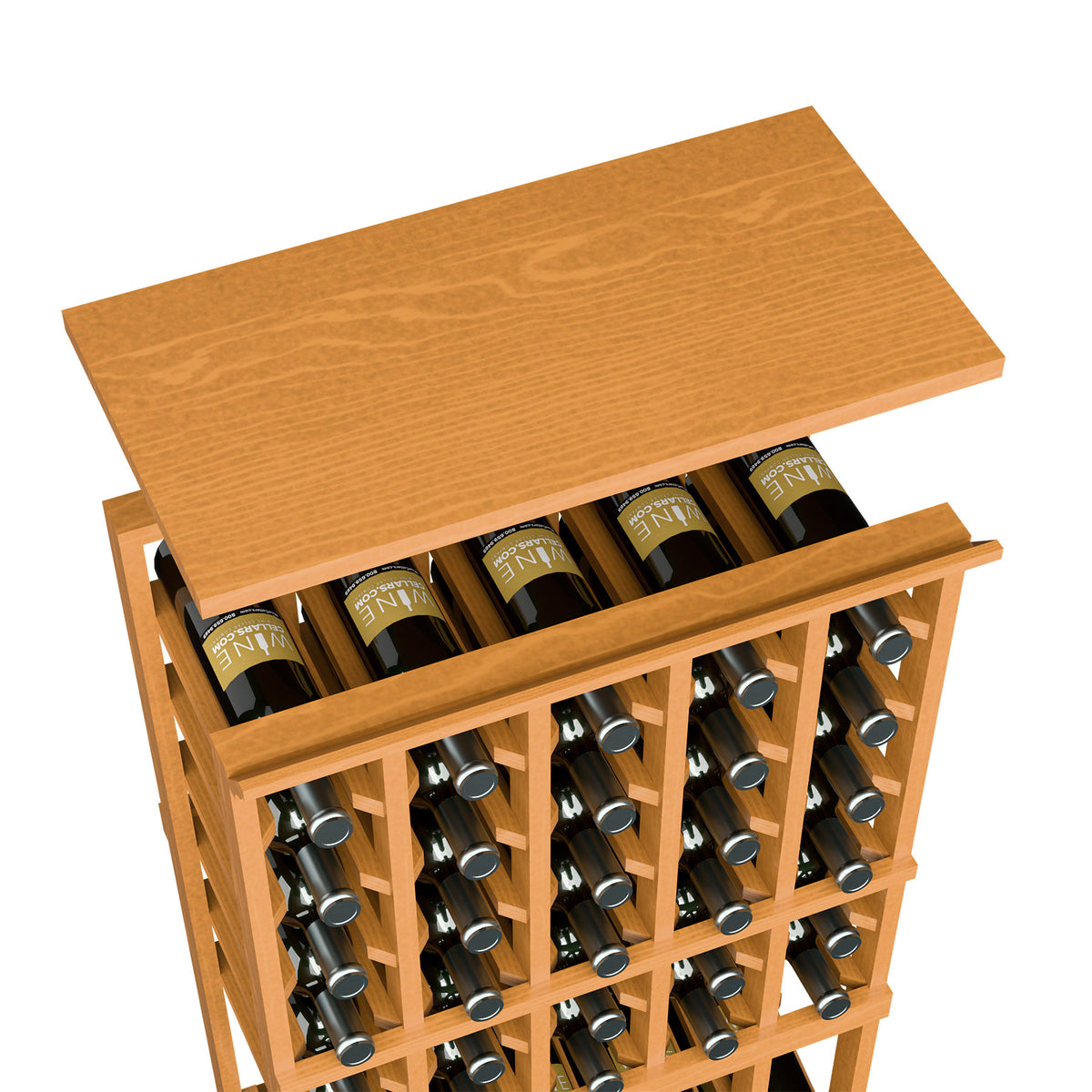 Wine bottle rack with amber wood top shelf and front grid holding bottles