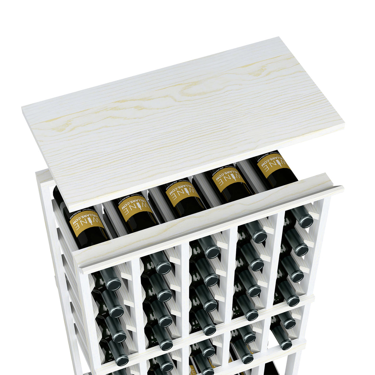 Wine bottle rack with white wood top shelf and front grid holding bottles