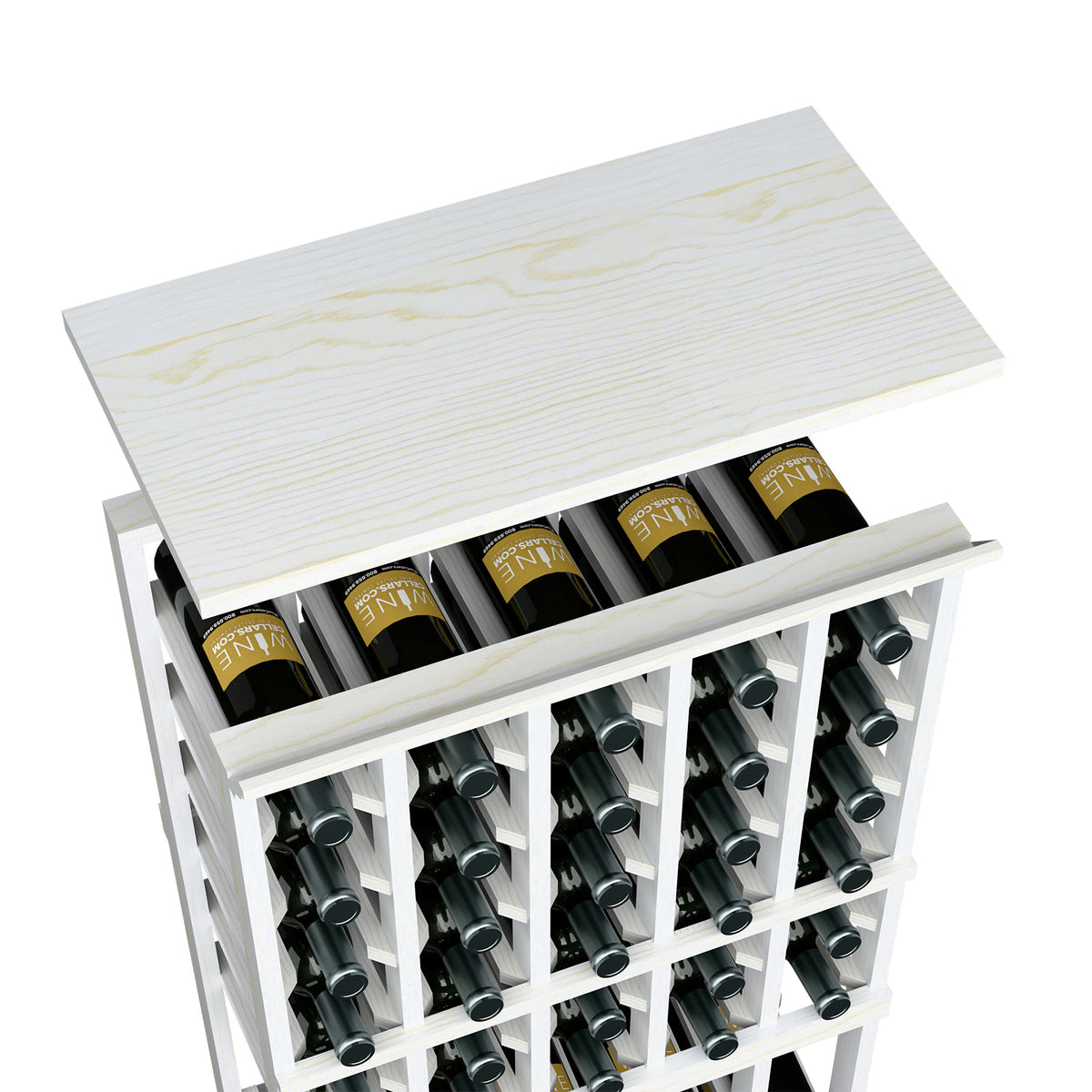 Wine bottle rack with pale white wood top shelf and front grid holding bottles