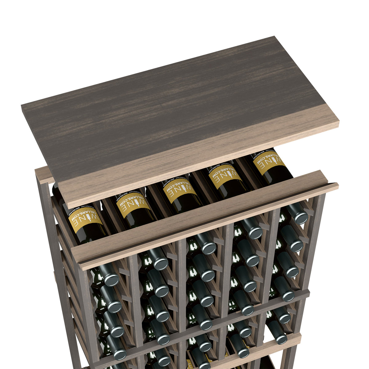Wine rack top shelf in dark charcoal wood with bottle slots and green bottles
