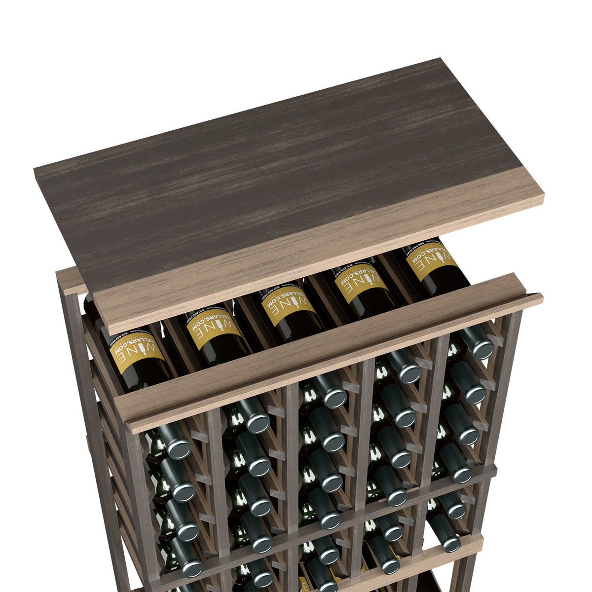 Wine rack top shelf in dark grey wood with open bottle slots and green bottles