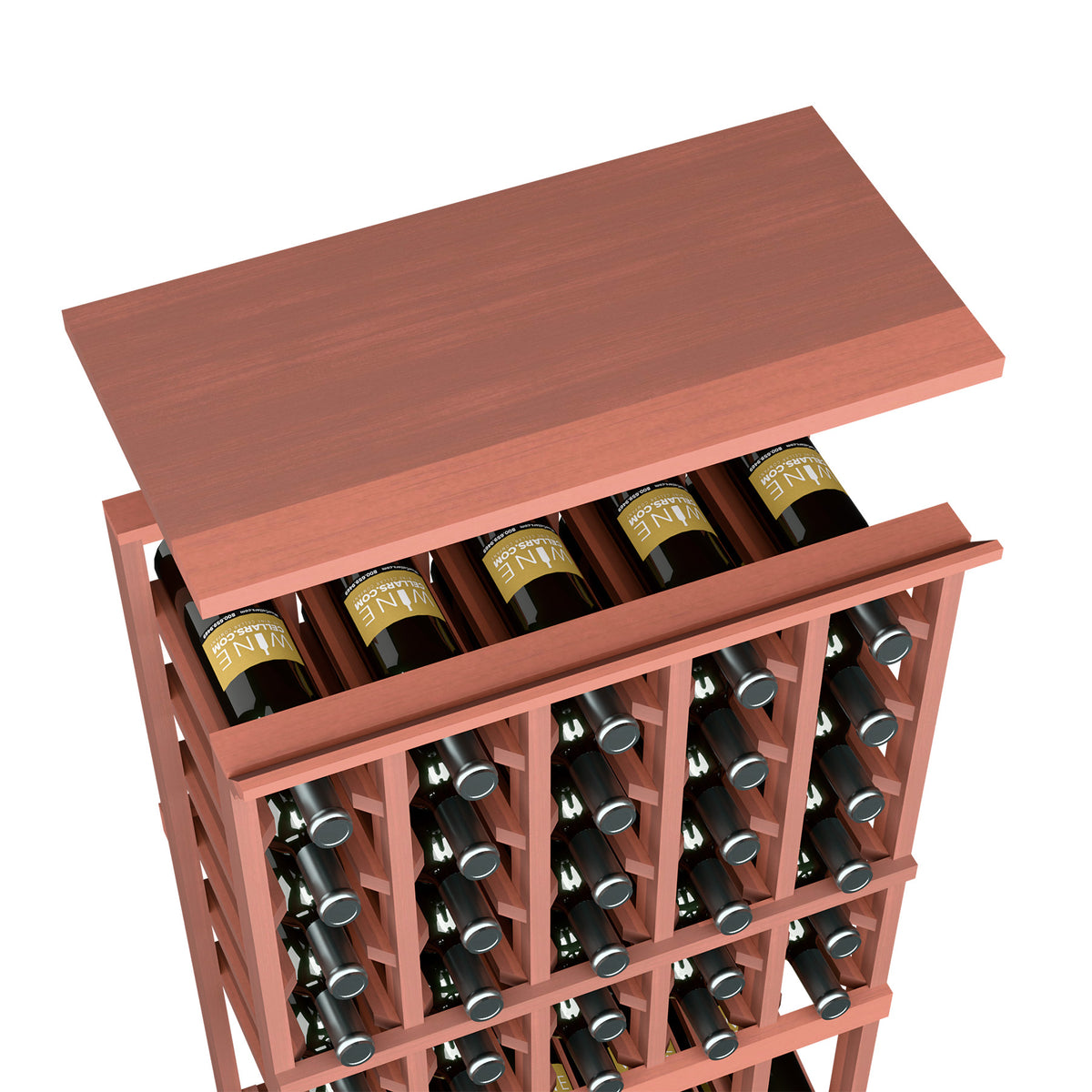 Wine rack top shelf in reddish wood with bottle slots and green bottles
