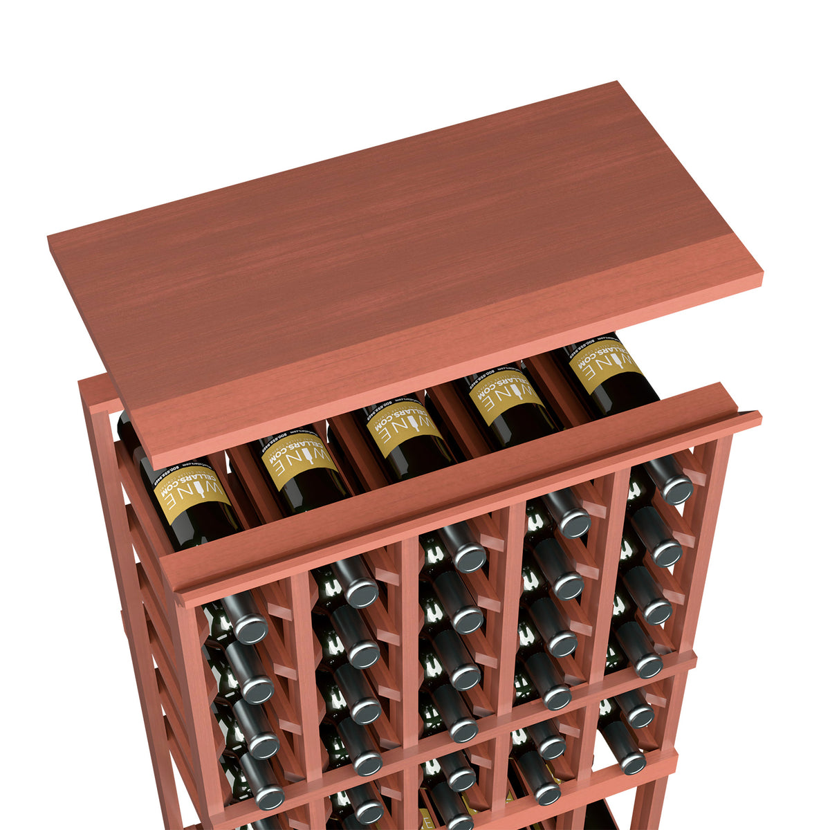 Wine rack top shelf in warm red wood with bottle slots and green bottles
