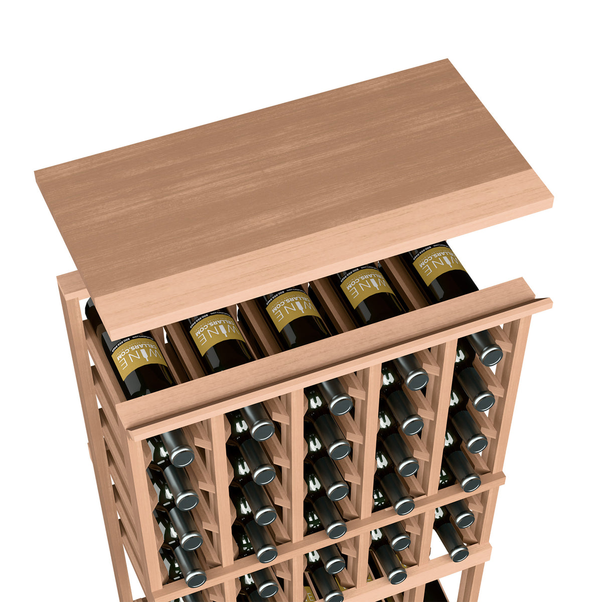 Wine rack top shelf in light natural wood with bottle slots and green bottles