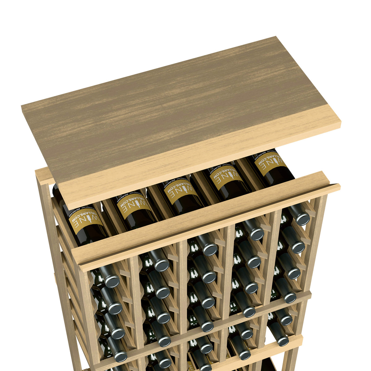 Wine rack top shelf in light tan wood with bottle slots and green bottles