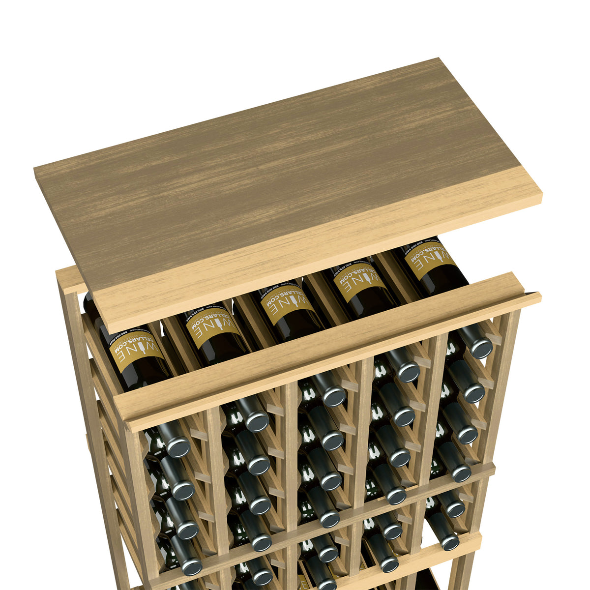 Wine rack top shelf in golden tan wood with bottle slots and green bottles