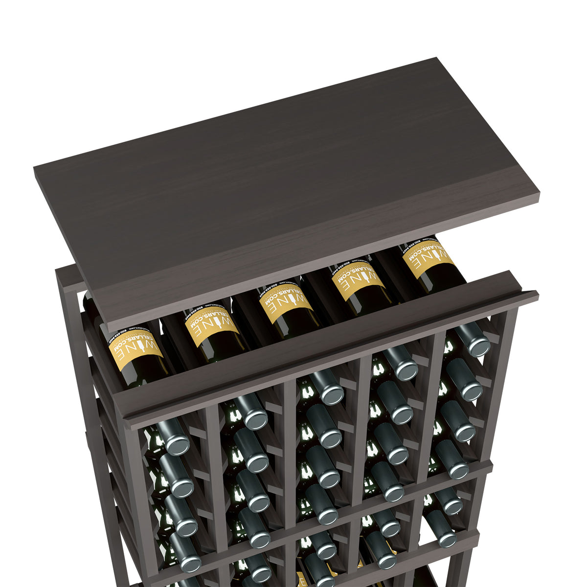 Wine rack top shelf in dark espresso wood with bottle slots and green bottles