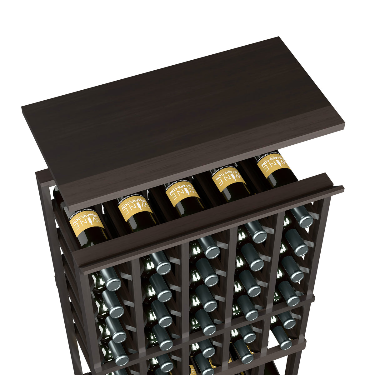 Wine rack top shelf in dark brown wood with bottle slots and green bottles