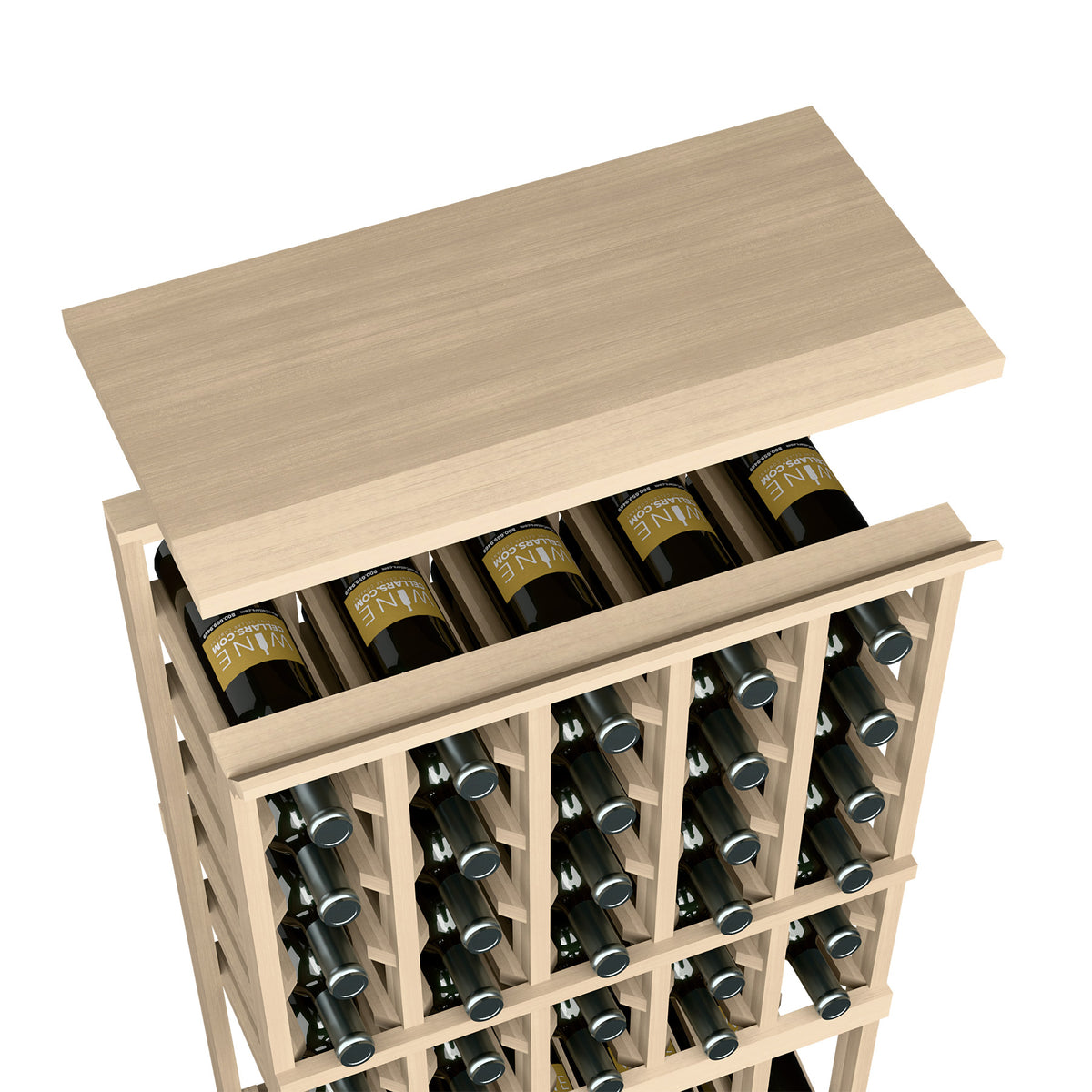 Natural wood top shelf on 5-column wine bottle rack with grid openings