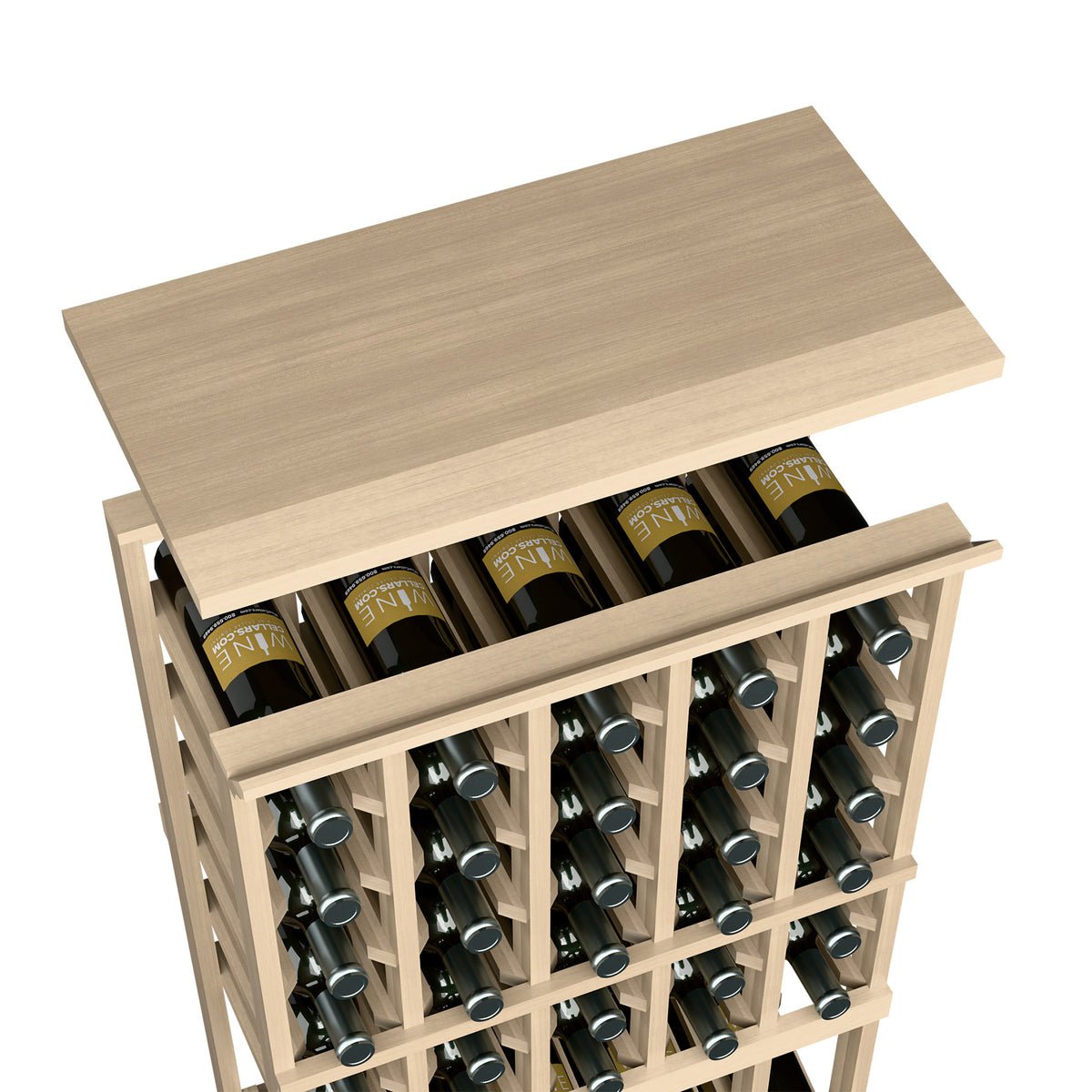 Light grey wood top shelf on 5-column wine bottle rack with bottle grid openings