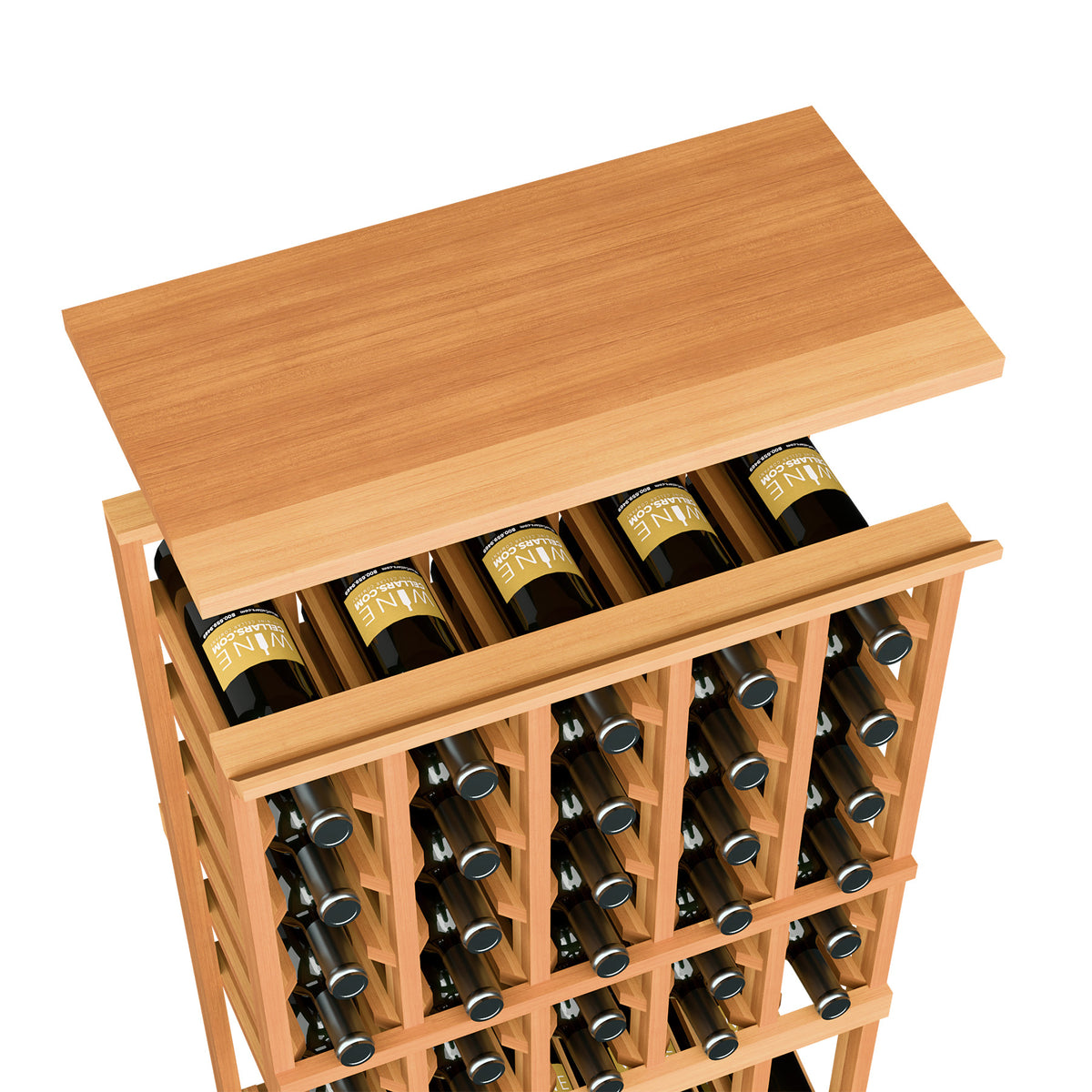 Light wood top shelf on 5-column wine bottle rack with open bottle slots
