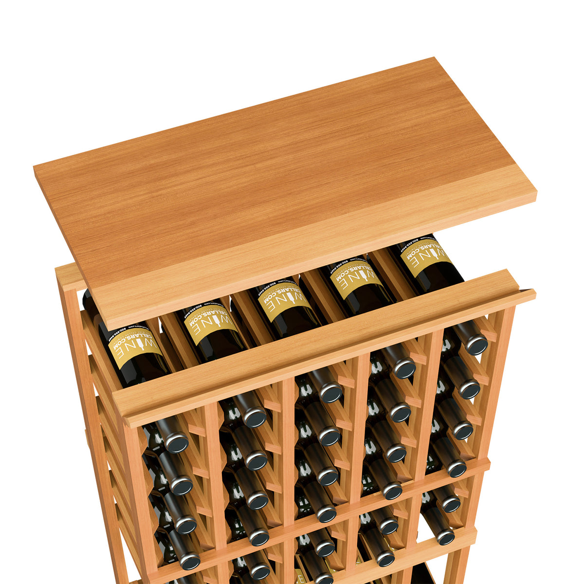 Amber wood top shelf on 5-column wine bottle rack with open bottle slots