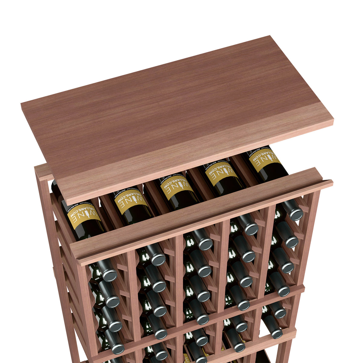 Medium brown wood top shelf on 5-column wine bottle rack with open bottle slots