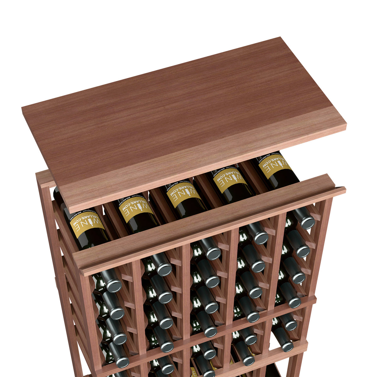 Dark brown wood top shelf on 5-column wine bottle rack with open bottle slots