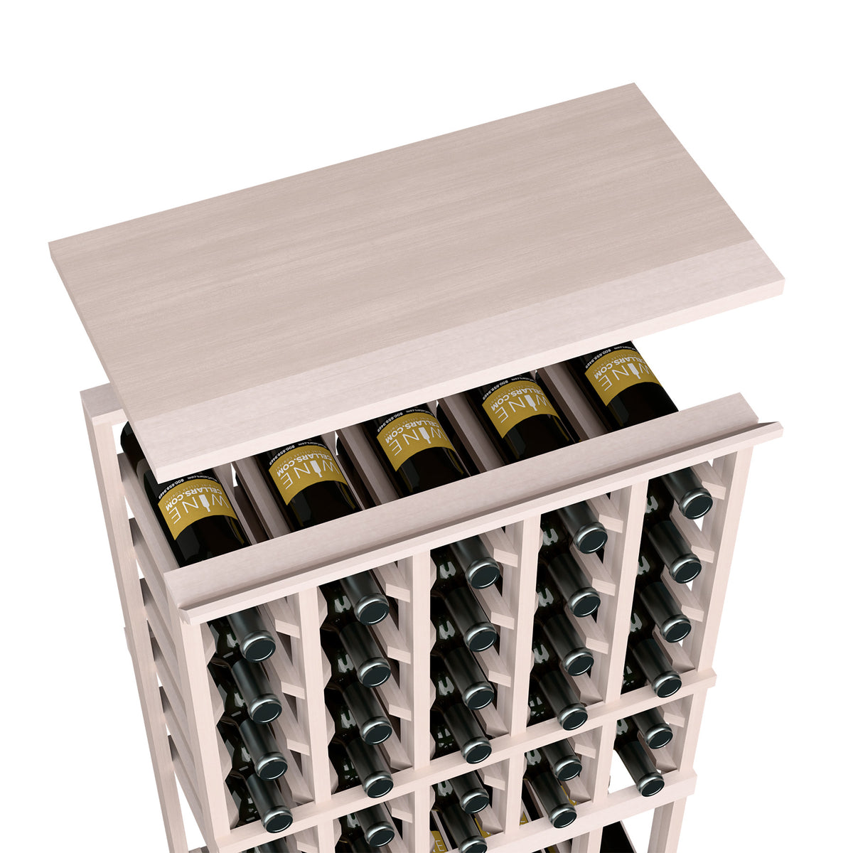 Whitewashed wood top shelf on 5-column wine bottle rack with grid openings