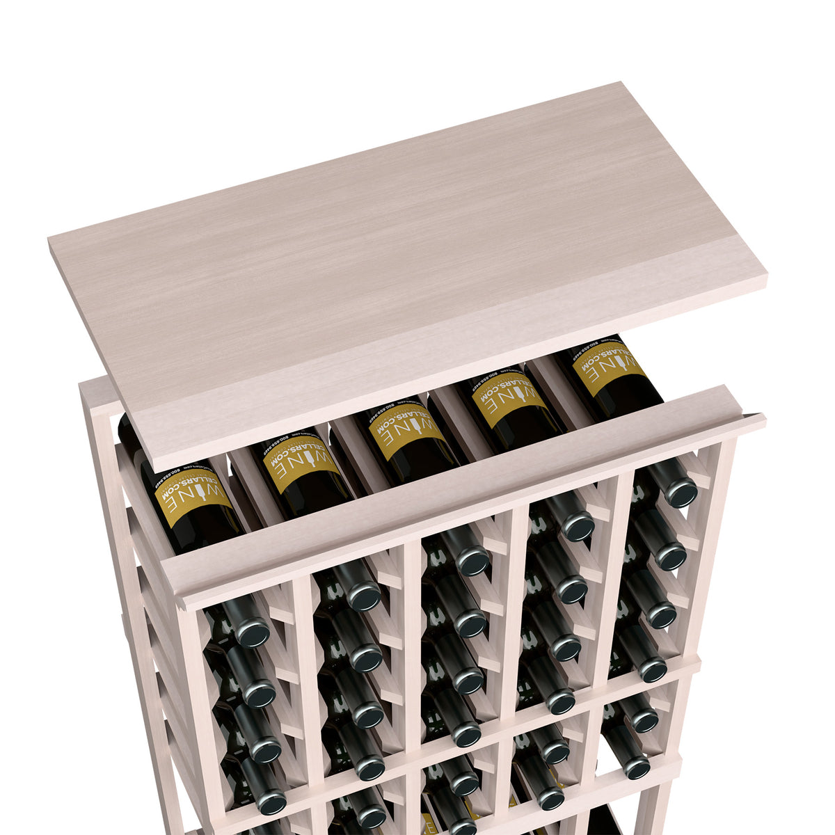 Pale grey wood top shelf on 5-column wine bottle rack with grid openings