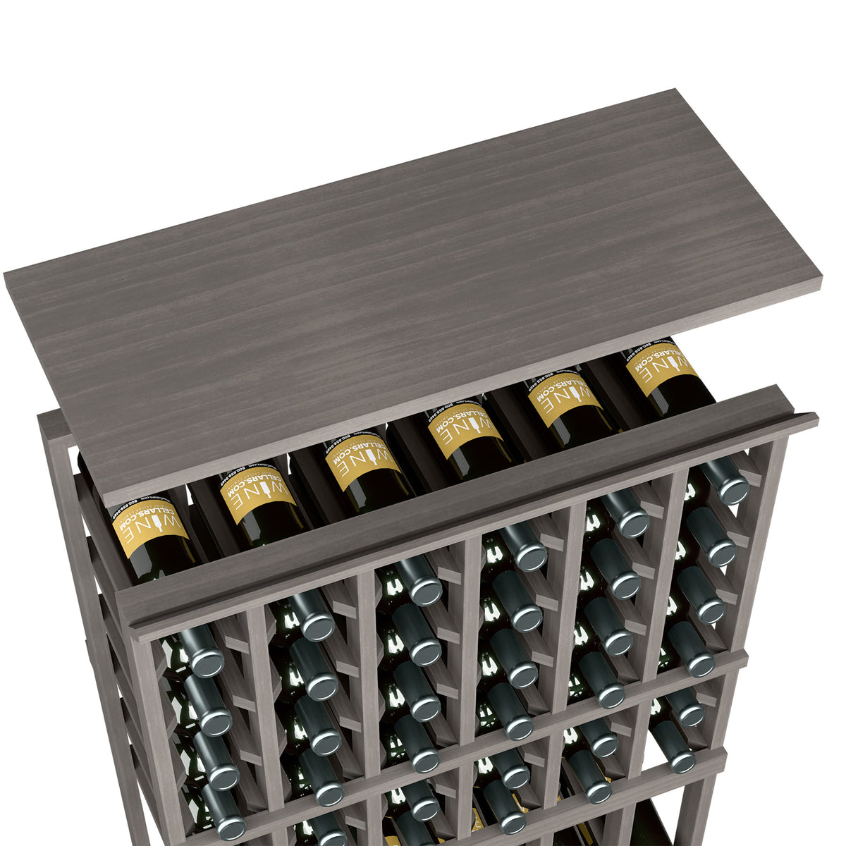 Dark grey wooden top shelf for a 6-column rack, with bottle slots on the front