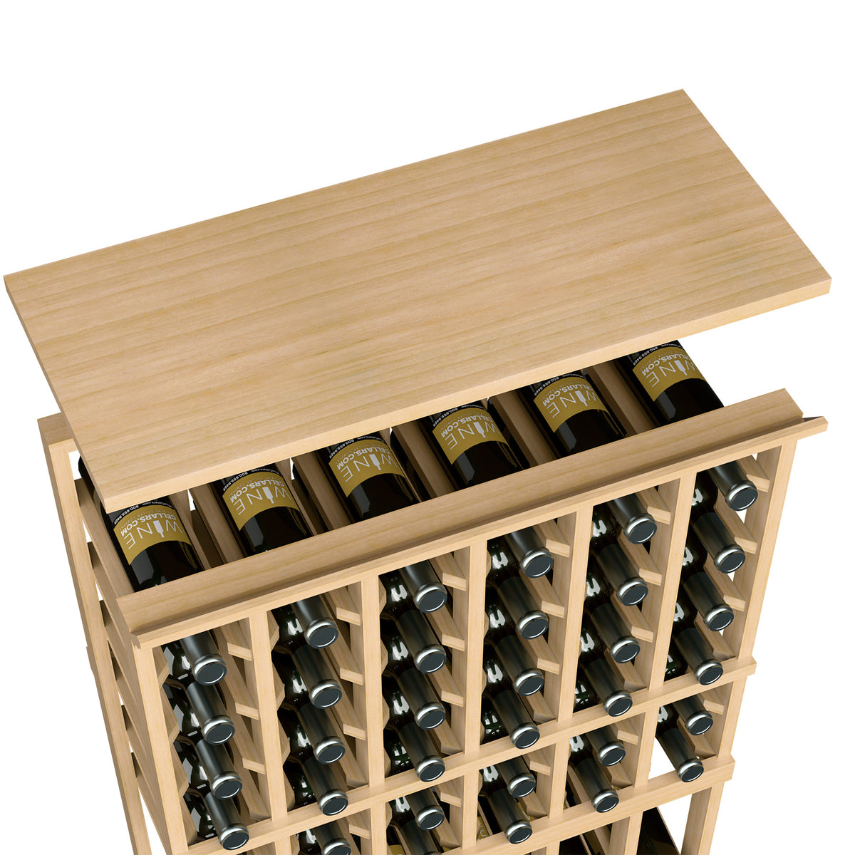 Light natural wooden top shelf for a 6-column rack, showing bottle storage in rows