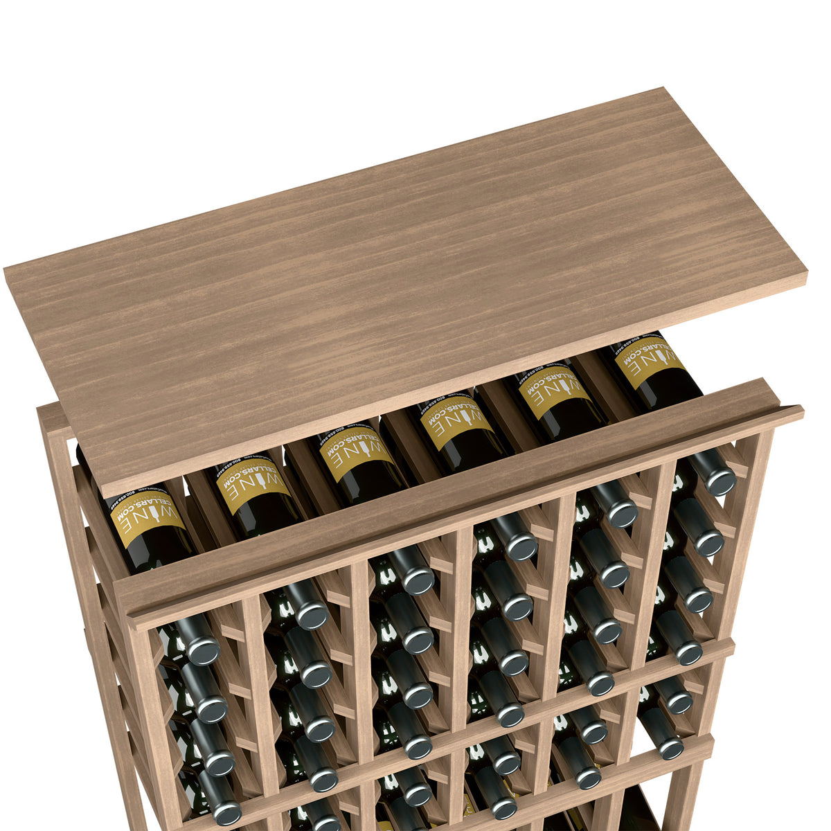 Medium brown wooden top shelf for a 6-column rack, with wine bottle slots and frame