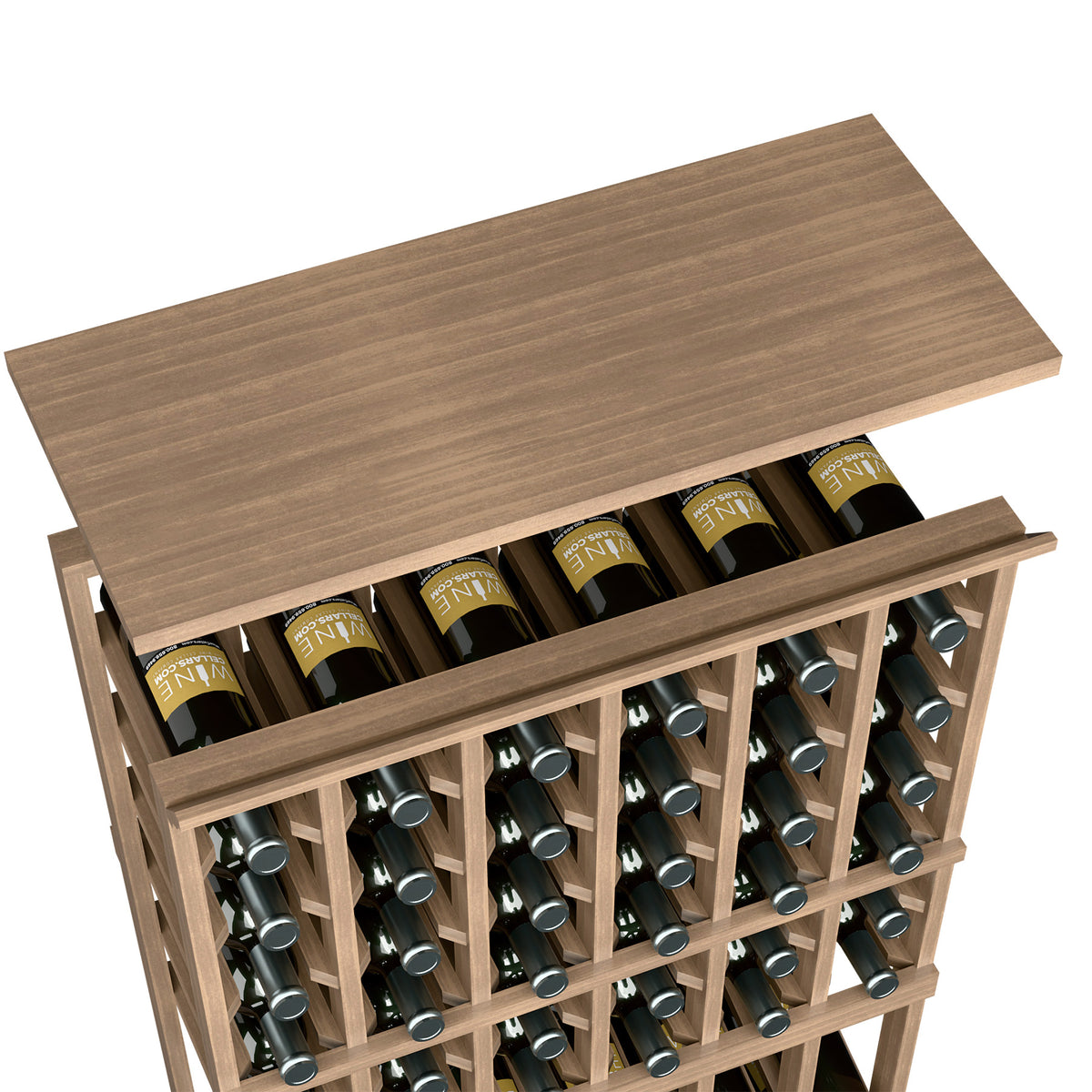 Medium brown wooden top shelf for a 6-column rack, featuring bottle rows and dividers