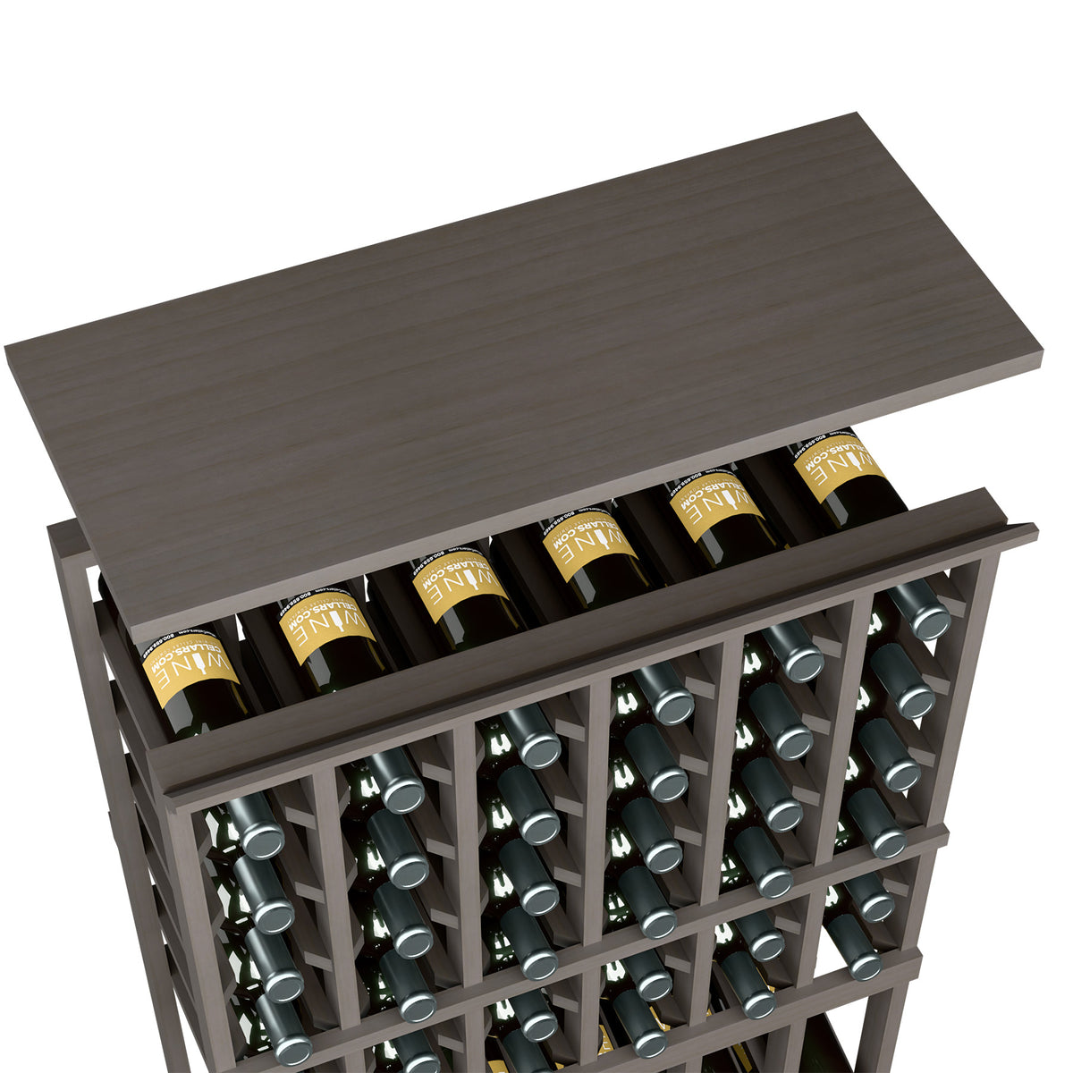 Dark grey wooden top shelf for a 6-column rack, with front bottle storage compartments