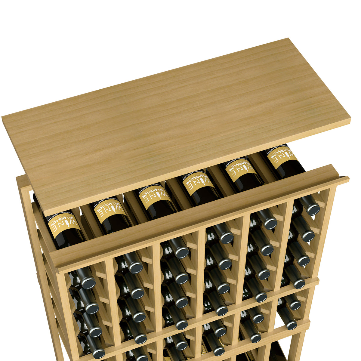 Wooden top shelf for 6-column wine rack, natural wood finish with bottle holder compartments