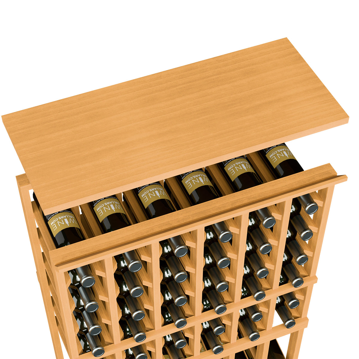 Wooden top shelf for 6-column wine rack, honey light wood finish with bottle slots