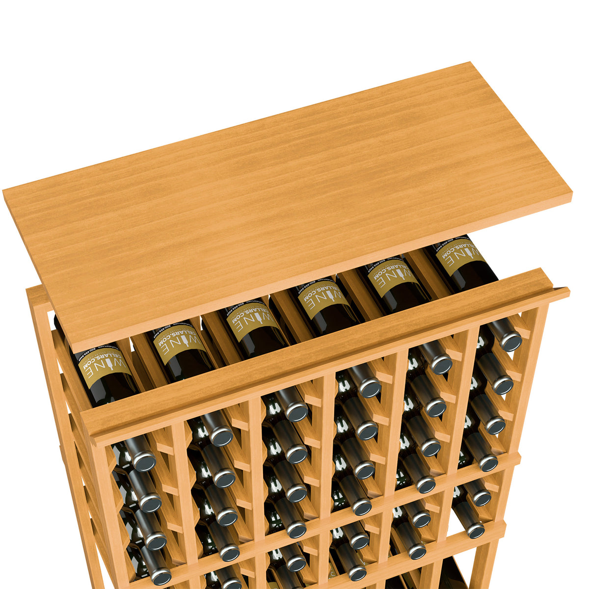 Wooden top shelf for 6-column wine rack, light honey wood finish with bottle holder slots