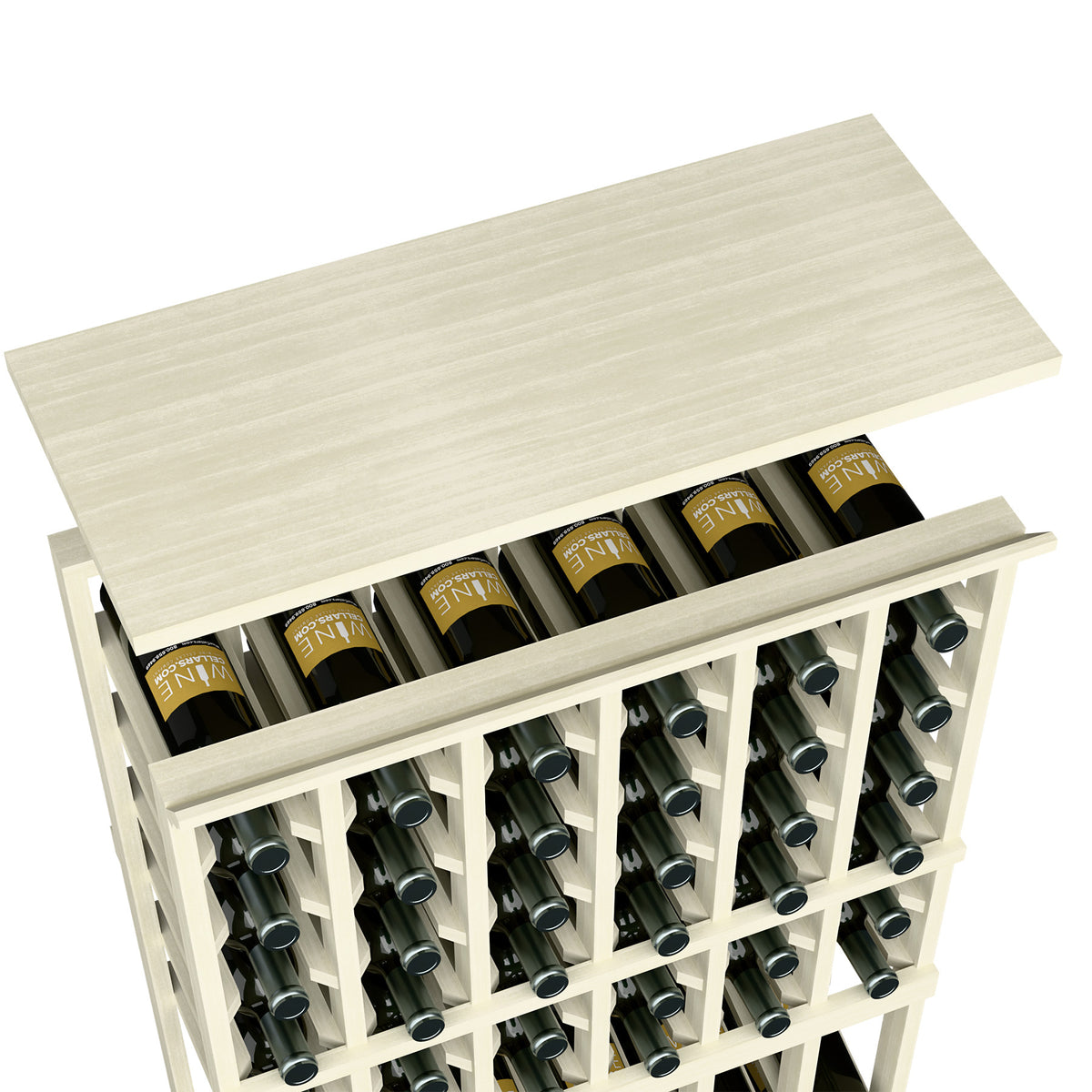 Wooden top shelf for 6-column wine rack, white-washed finish with bottle holder slots