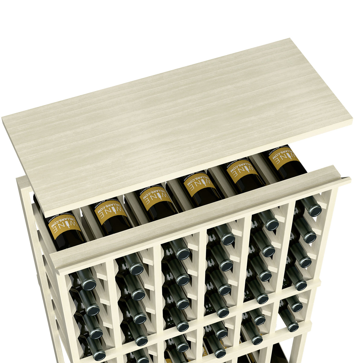 Wooden top shelf for 6-column wine rack, white-washed finish with open bottle slots