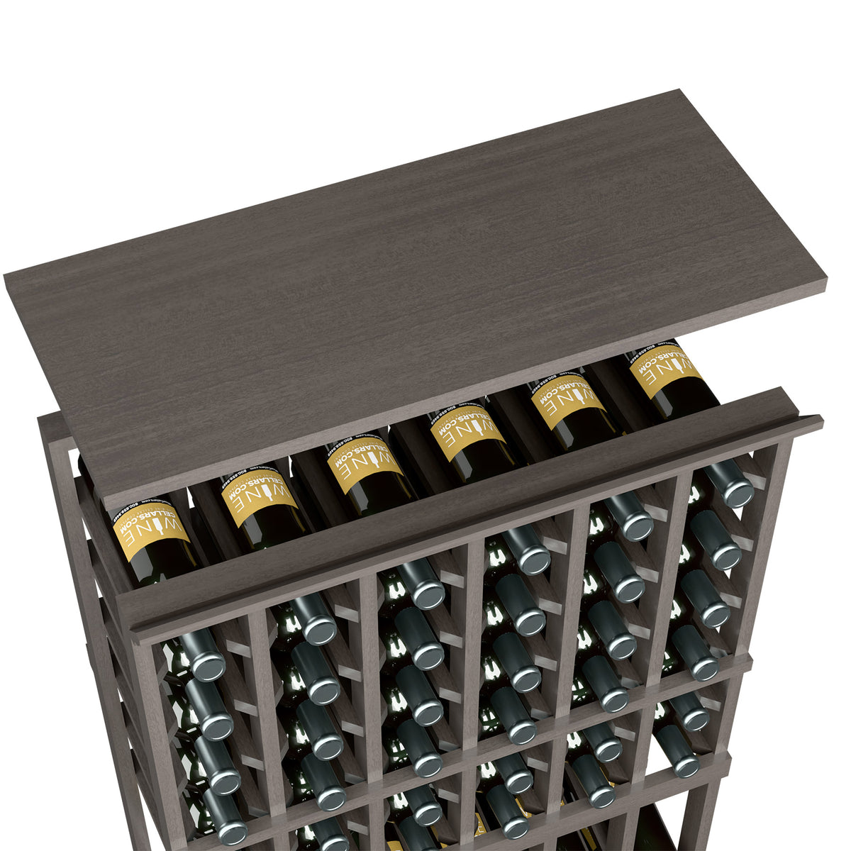 Wine rack top shelf for 6-column rack with gray wood and bottle storage rows