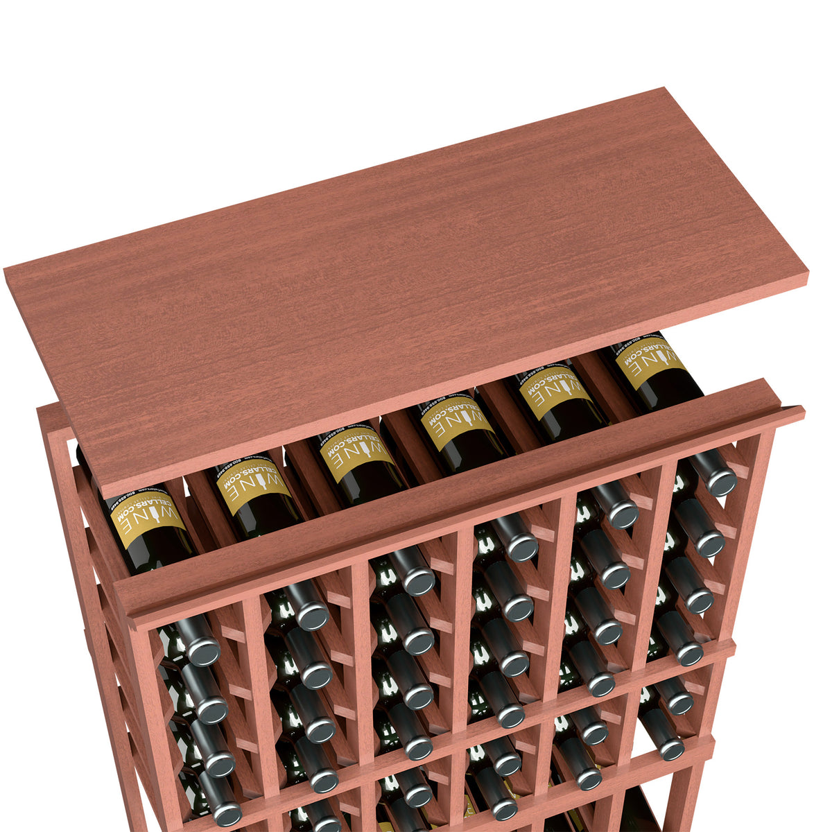 Wine rack top shelf for 6-column rack with warm red-brown wood and bottle slots