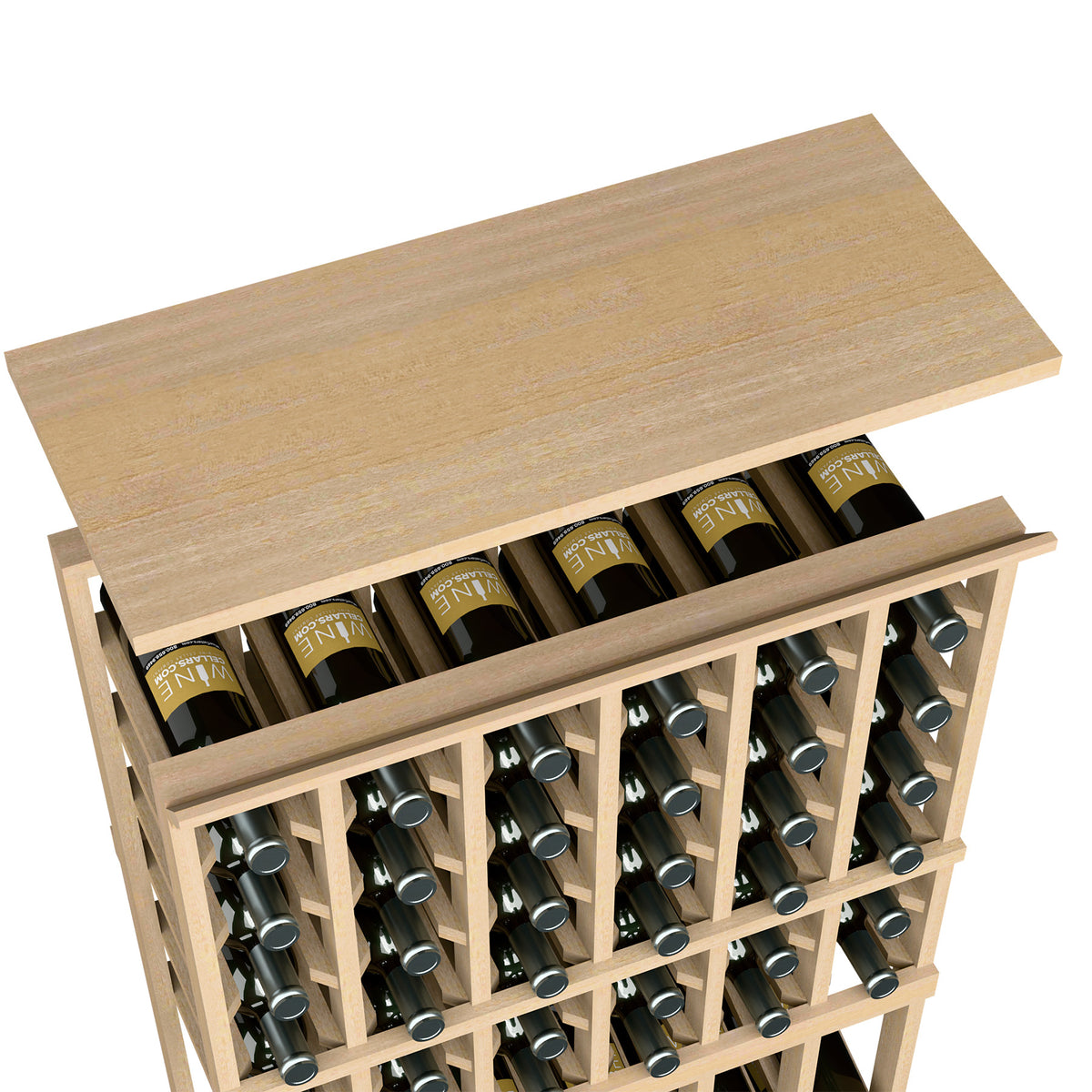 Wine rack top shelf for 6-column rack with light tan wood and bottle holder cells