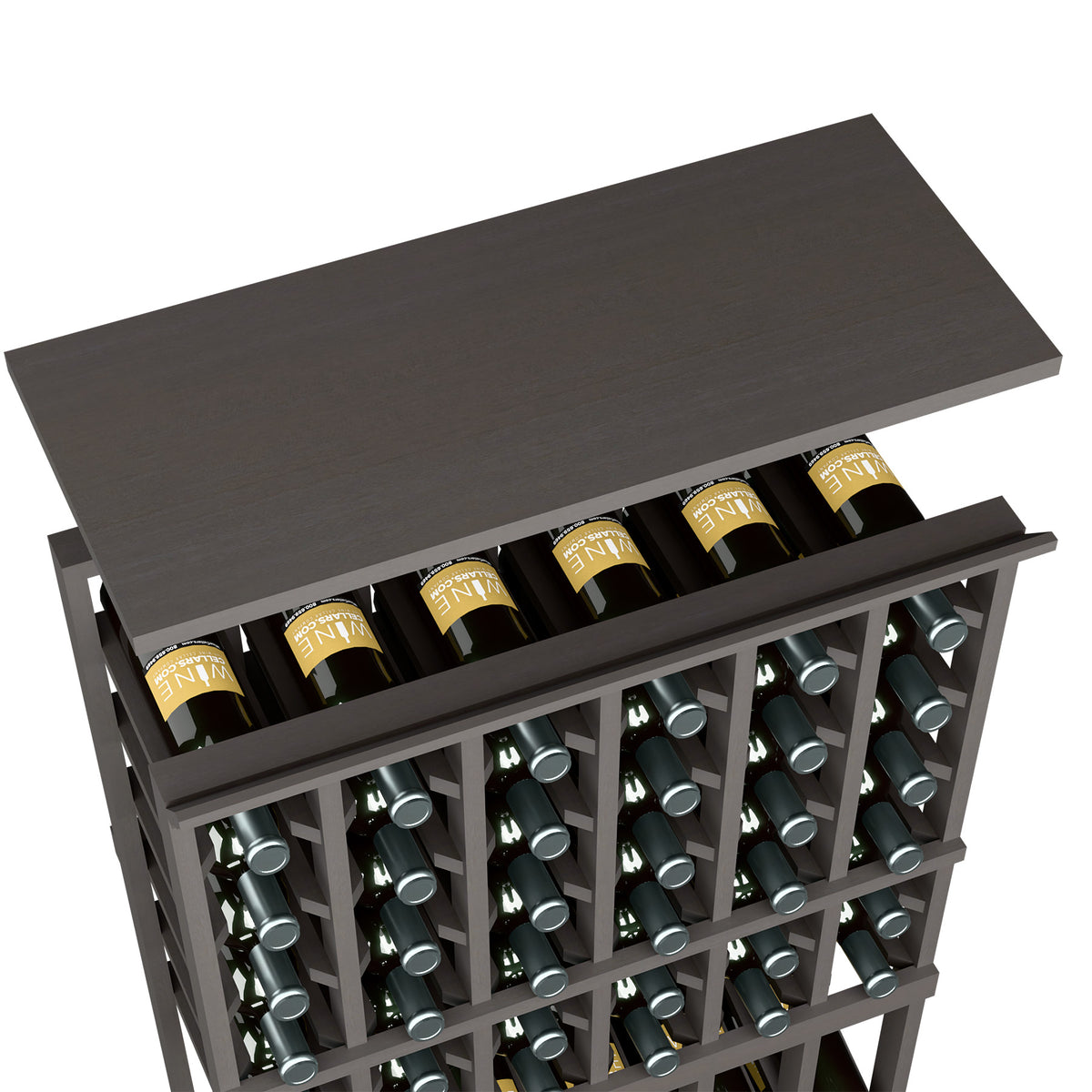 Wine rack top shelf for 6-column rack with dark espresso wood and bottle holder rows